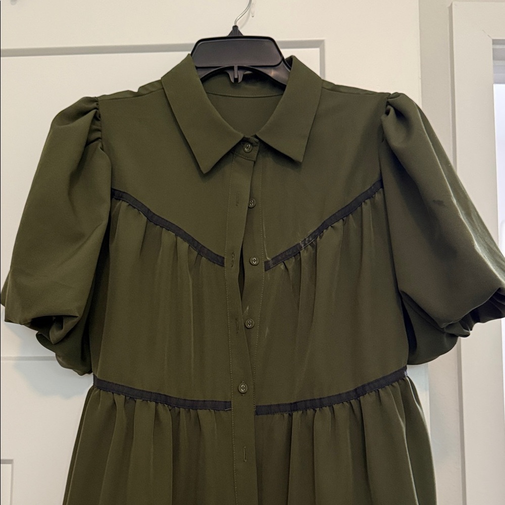 Olive Green Puff Sleeve Dress